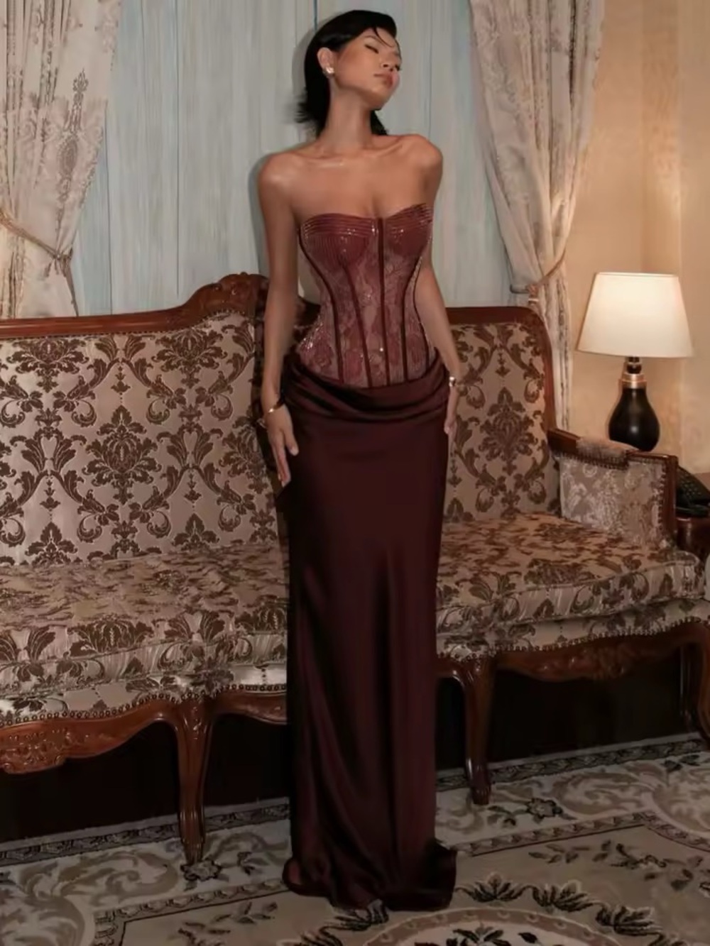 Strapless Brown Satin Gown with Embellished Corset
